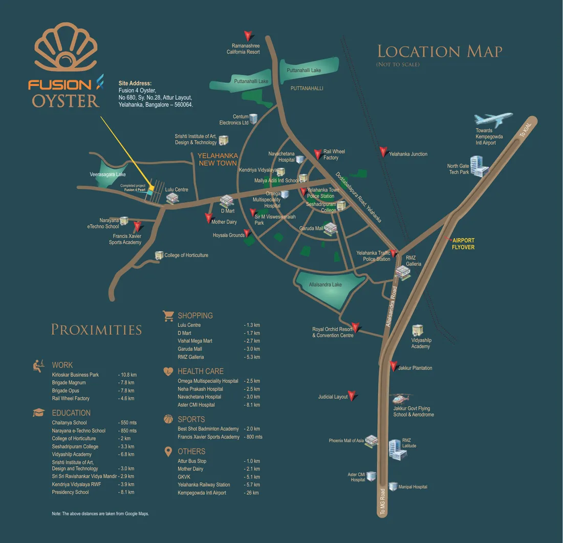 Location map showing schools, hospitals, malls and airport near Fusion 4 Oyster, Attur Layout, Yelahanka, Bangalore