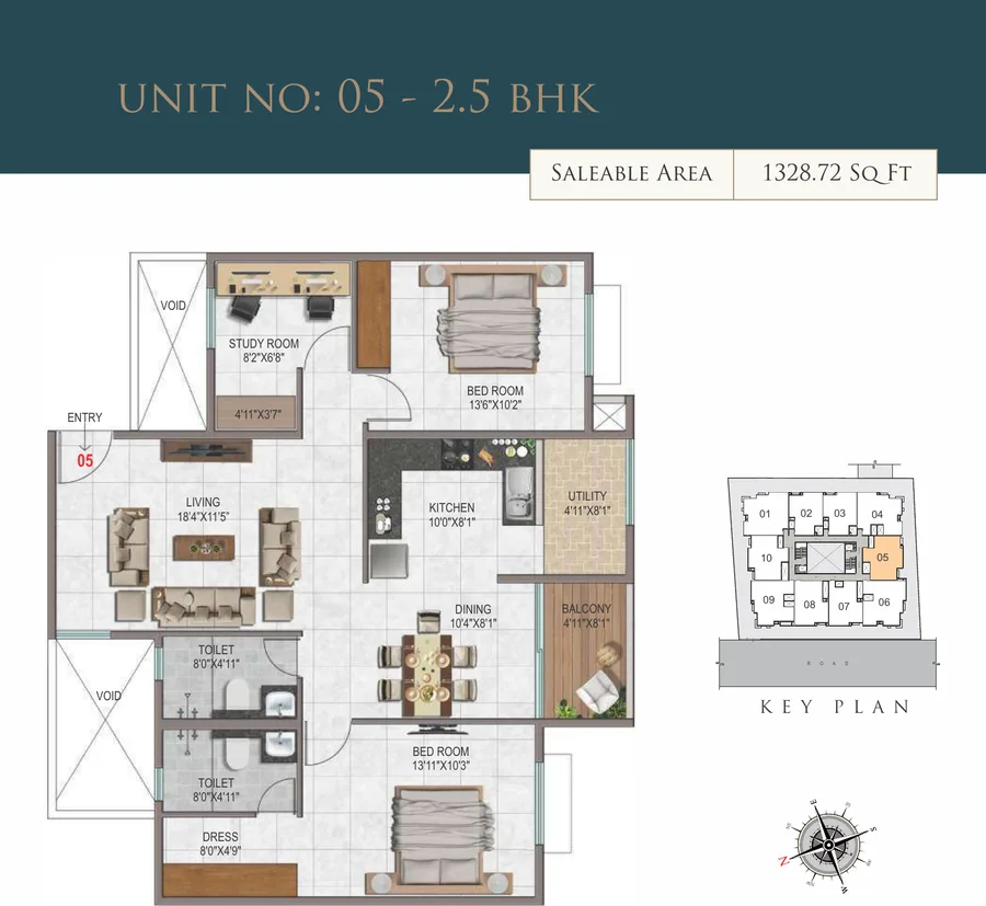 2.5 BHK with study floor plan, 1328 sq ft — Fusion 4 Oyster, Attur Layout, Yelahanka, Bangalore