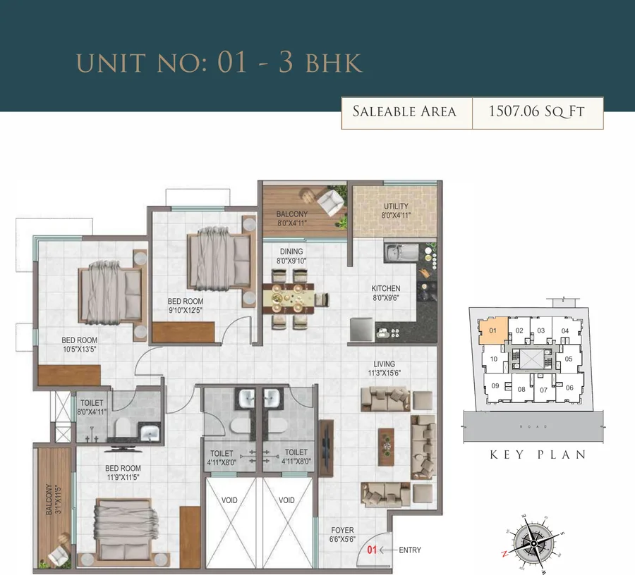 3 BHK floor plan, 1507 sq ft — Fusion 4 Oyster, Attur Layout, Yelahanka, Bangalore