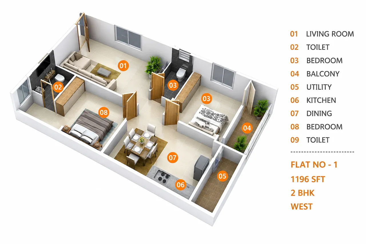 Flat 1 3D floor plan layout render for 2 BHK apartment at Anuraag Amogh, Varthur