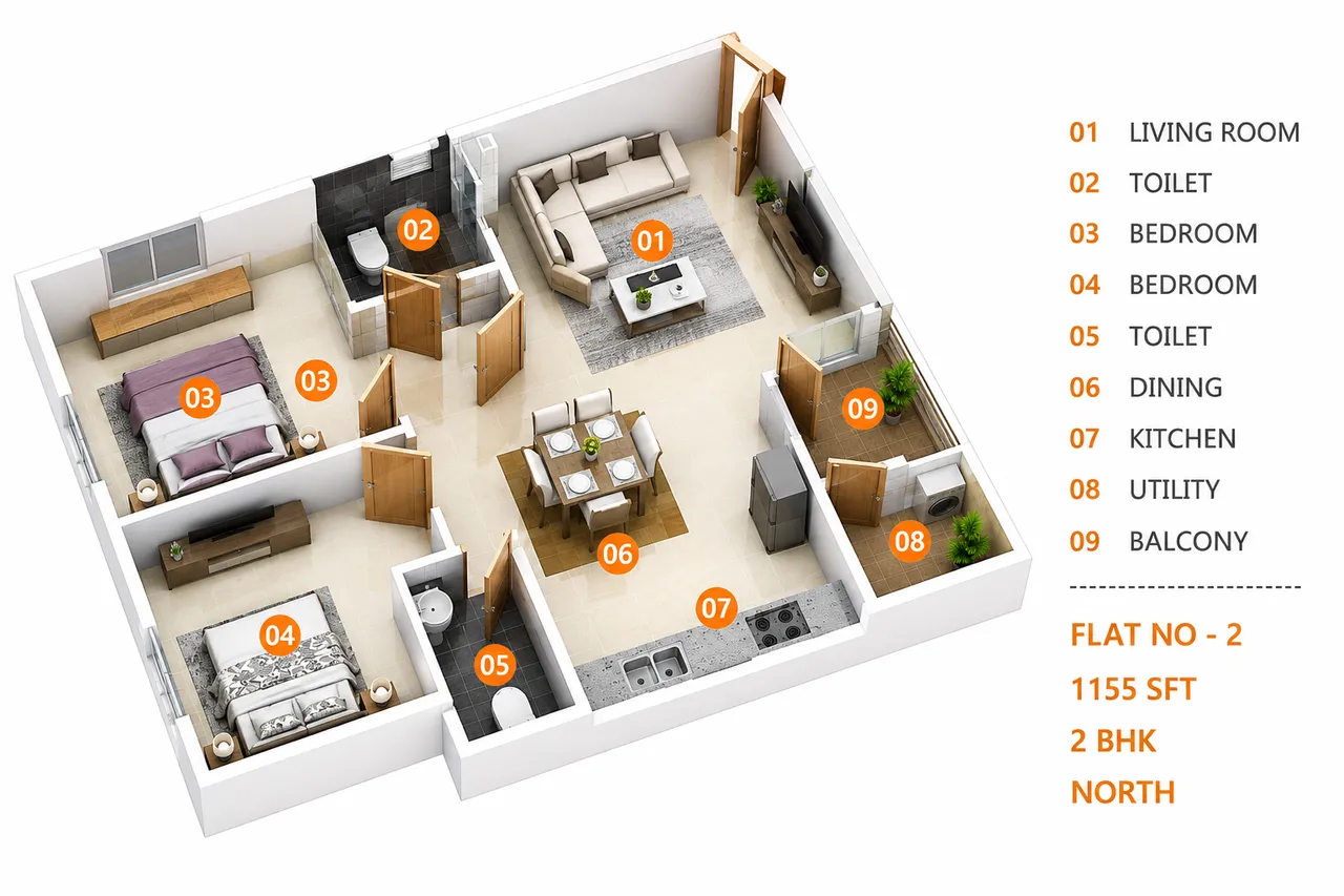 Flat 2 3D floor plan layout render for 2 BHK apartment at Anuraag Amogh, Varthur