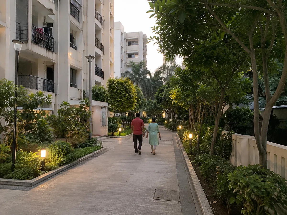 Walking track and landscaped gardens at Anuraag Amogh, Varthur